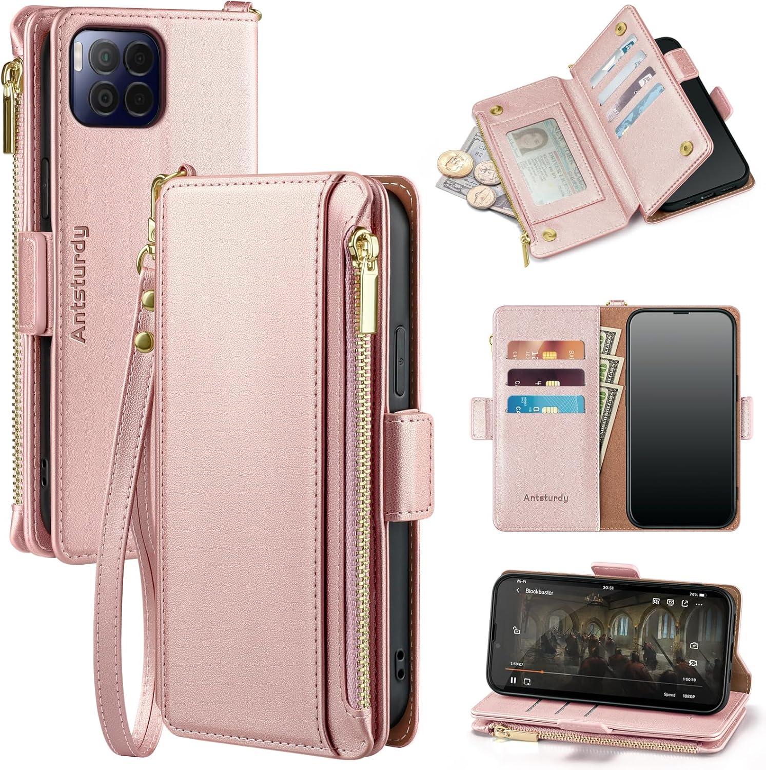 Antsturdy Compatible with T-Mobile REVVL 7 Pro 5G Wallet Case with Card Holder Women Men,Phone Case PU Leather RFID Blocking Flip Protective Cover Wrist Strap Zipper Credit Card Slots,Rose Gold