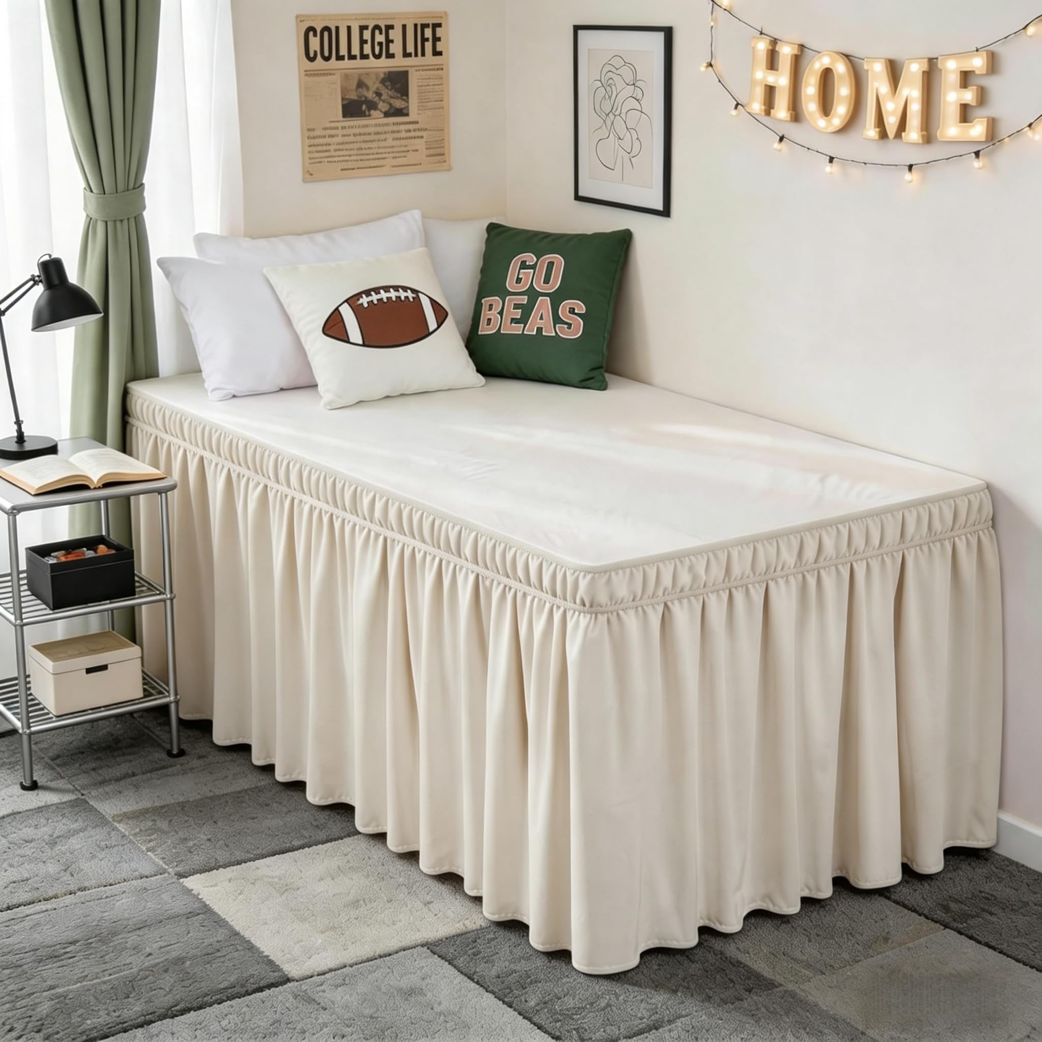 Dorm Room Bed Skirt Twin XL 42" Drop, College Split Corner Bedskirt, Beige