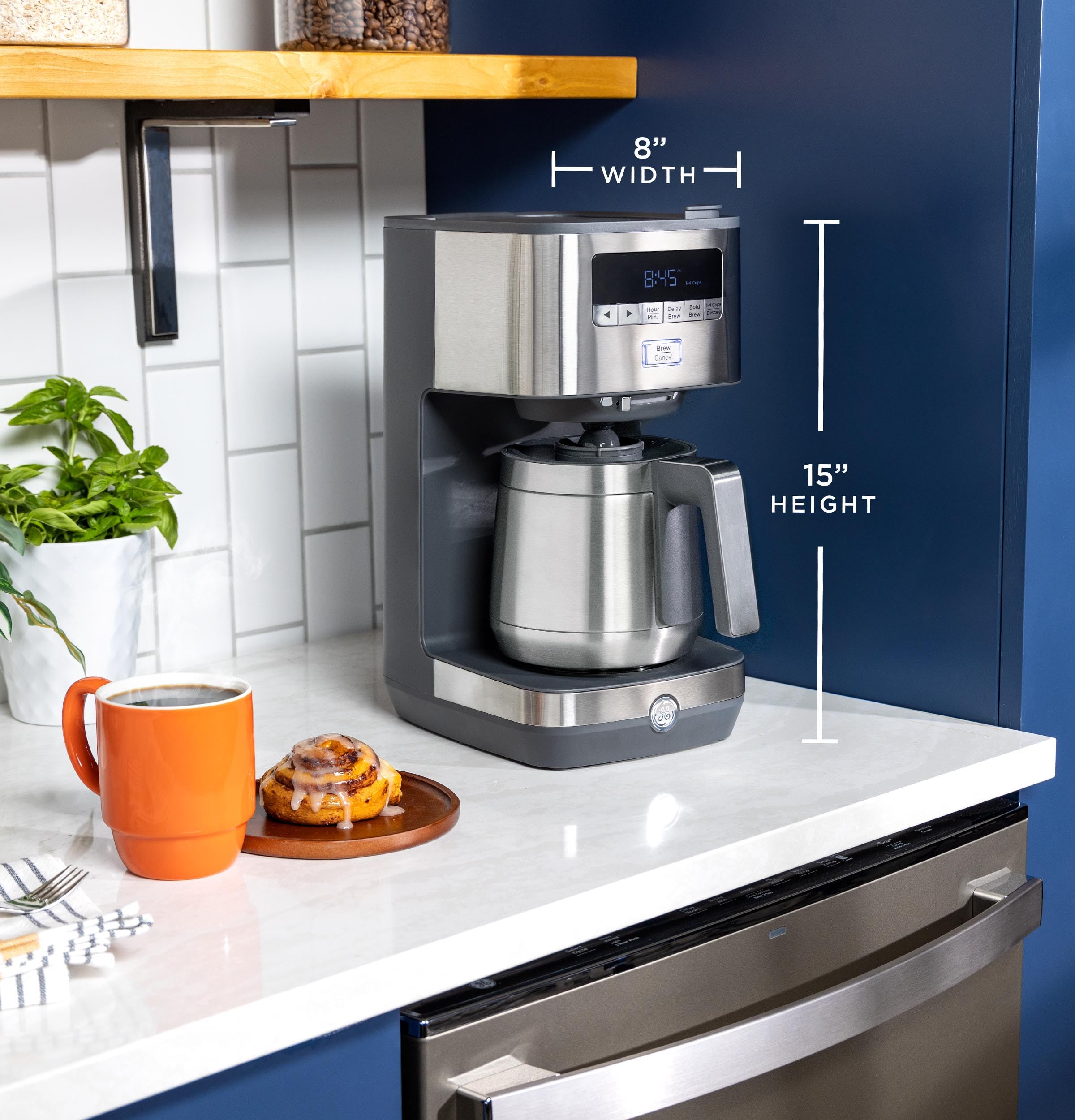 GE Drip Coffee Maker With Timer | 10-Cup Thermal Carafe Coffee Pot Keeps Coffee Warm for 2 Hours | Adjustable Brew Strength | Wide Shower Head for Maximum Flavor | Kitchen Essentials | Stainless Steel | 24-hour programmable auto brew, adjustable strength,
