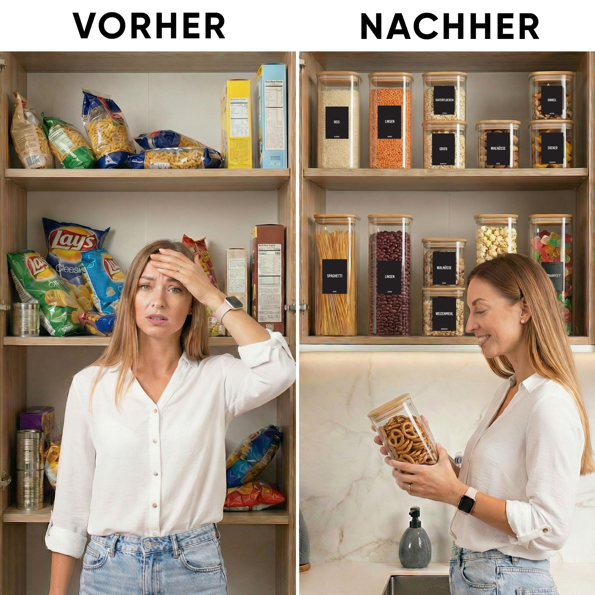 Deco haus® Vorratsgläser mit Deckel eckig 6er Set [+ETIKETTEN] - Vorratsdosen Glas mit Deckel luftdicht - Vorratsglas mit Holzdeckel - Müsli Aufbewahrungsgläser - Glasbehälter Vorratsbehälter