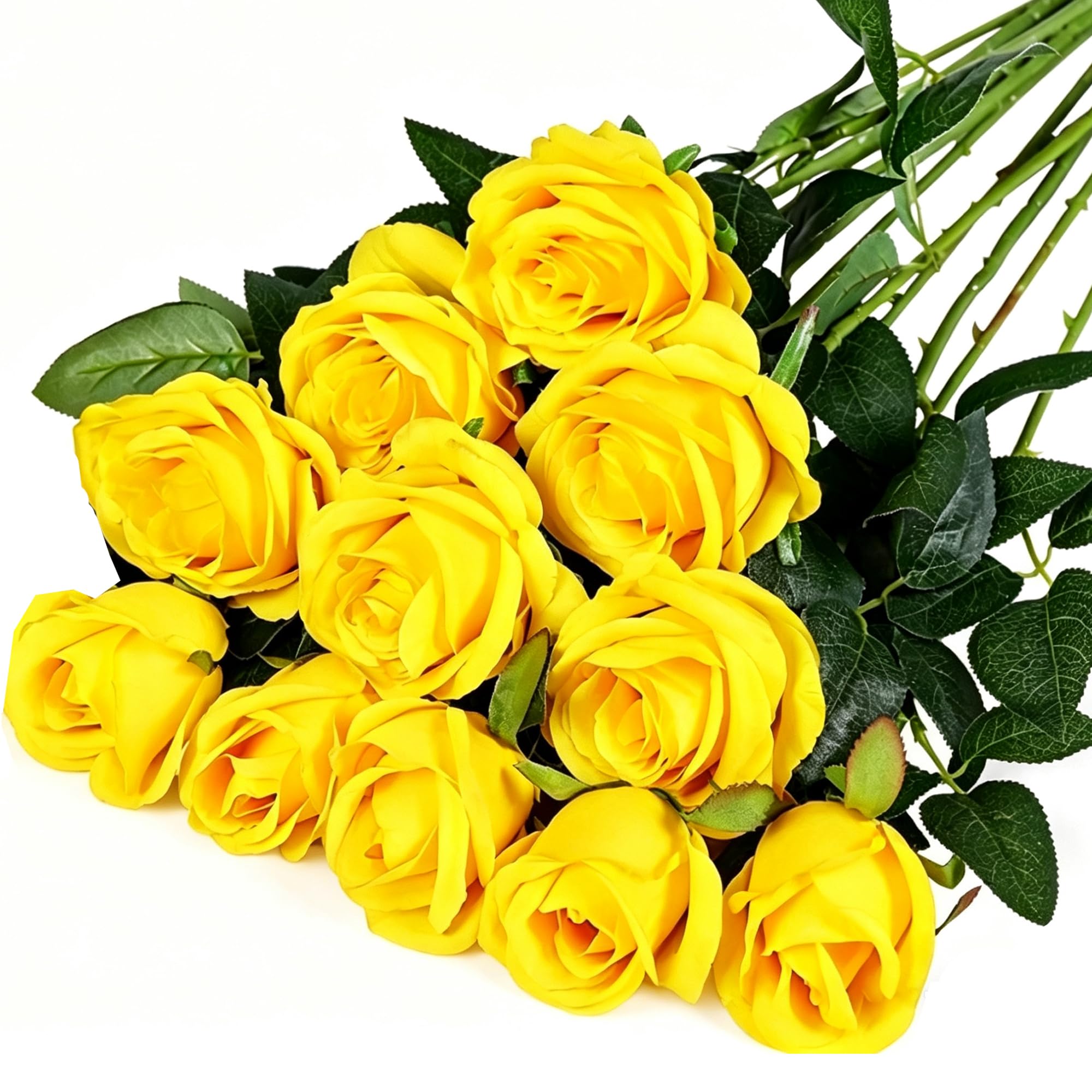 WLHFDC 10Pcs Yellow Artificial Roses,19.68''Fake Roses Artificial Flowers,Realistic Flower Wedding Bouquet,Single Long Stem Fake Plastic Stems for Home Wedding Hotel Office Centerpiece Decor