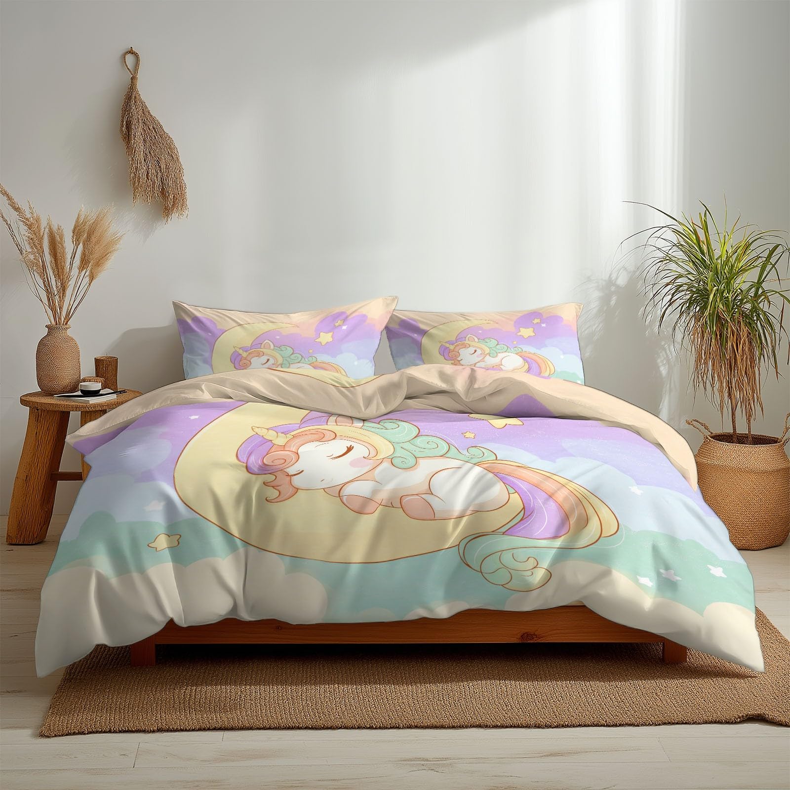 Poszwa na kołdrę małżeńska 180 x 220 cm Żółta, Zestaw pościeli z mikrofibry Kreskówka Księżyc Jednorożec, zawiera 1 poszewkę na kołdrę i 2 poszewki na poduszki 50 x 75 cm Dorośli chłopcy dziewczęta