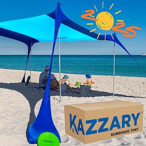 Tienda de campaña de playa, toldo UPF50+ con bolsas de arena, 4 postes de estabilidad, clavijas de tierra, pala de arena de disco volador. Refugio