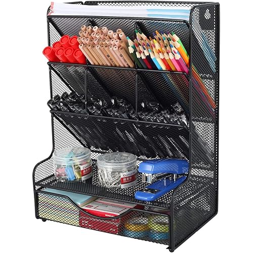 PAG Desk Organizer with Drawer Office Supplies and Accessories Storage Caddy Hanging Wall Shelf Metal Mesh Pencil Holder for Kids, 9 Compartments, Black