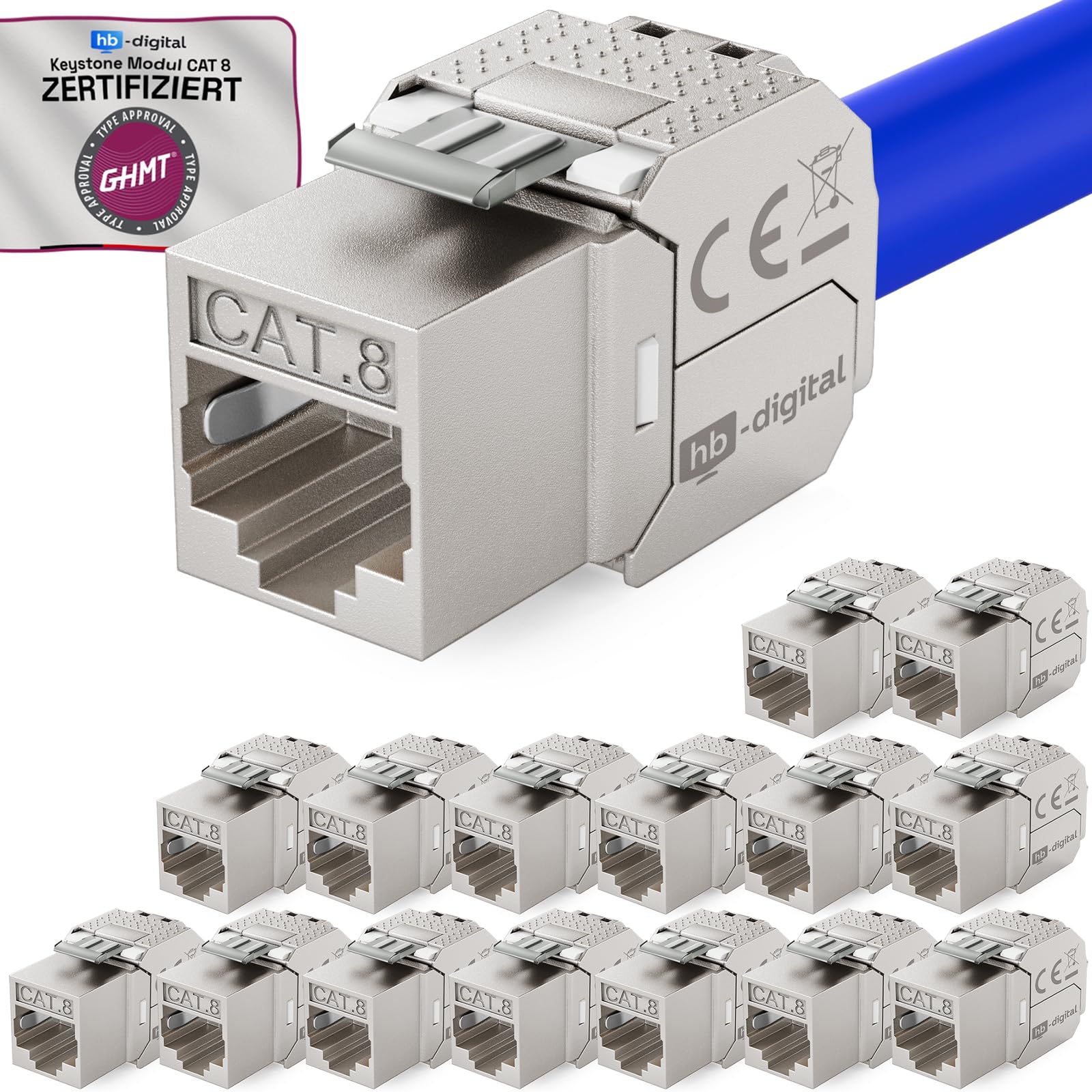 HB-DIGITAL 16 x CAT 8 Keystone RJ45 gniazdo modułowe do sztywnego kabla LAN - certyfikat GHMT - 40 Gbit/s AWG 22-26, bez użycia narzędzi, LSA, w pełni ekranowane, pozłacane styki STP do panelu