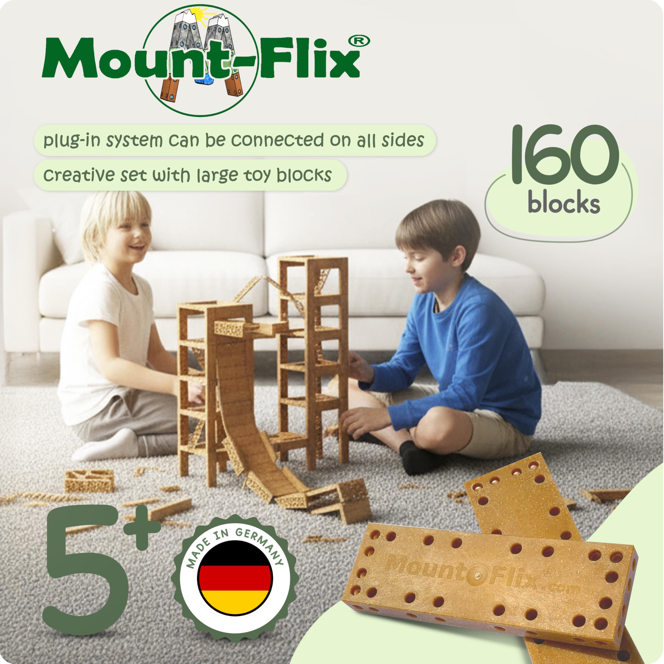 Basis-Set kreatives Kinderspielzeug aus vorwiegend Recycling-Kunstkork, Konstruktions-Baukasten mit 160 steckbaren flexiblen Bausteinen inkl. brettspielartigen Turmbau-Würfelspiel