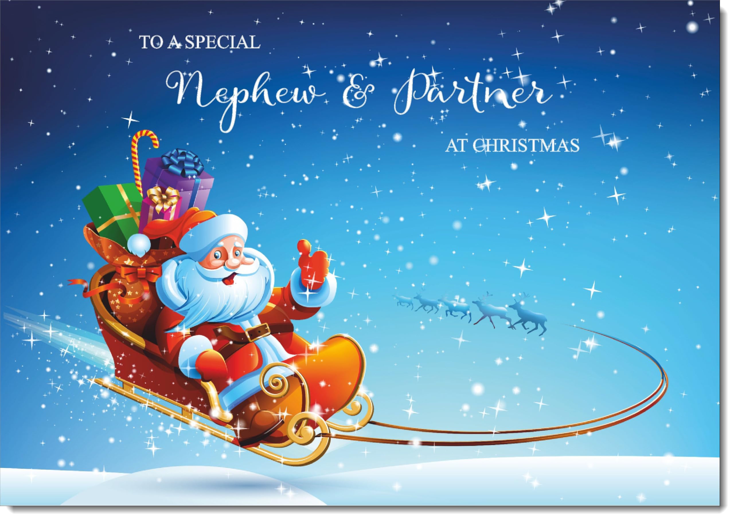 doodlecards Nephew and Partner Christmas Card Santas Sleigh Large A4 Size Christmas Card for Nephew & Partner with Plain Envelope — image 1
