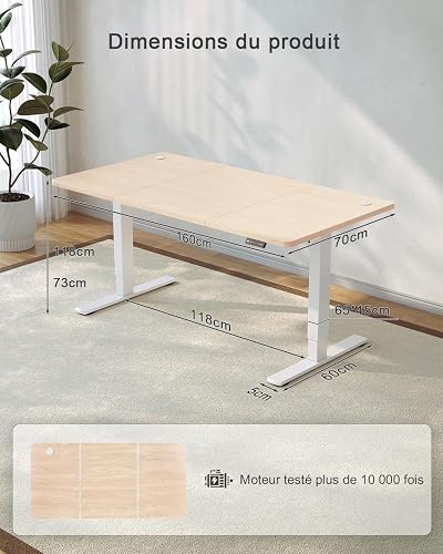 JUMMICO Bureau Assis Debout 160×70 cm, Rappel Posture, 2 Mémoires, Beige - 3
