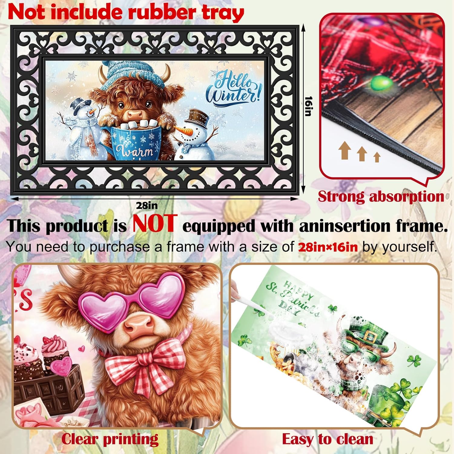 Nuanchu Seasonal Door Mat Interchangeable Doormat Inserts Entrance Welcome Mats 22 x 10 Inches Non Slip Mats Gifts for Front Door 4th of July Summer Decoration (No Frame)(Cow)
