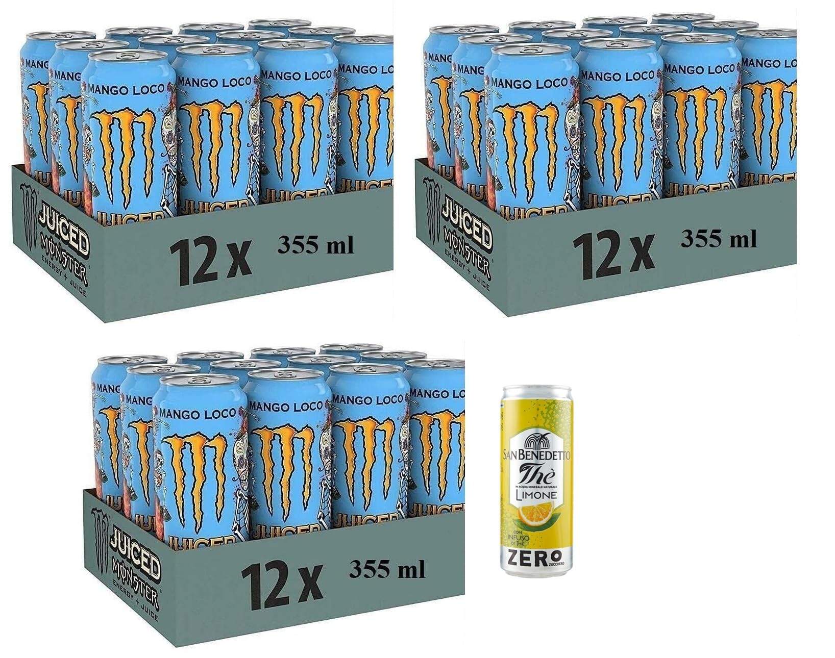 36er-Pack Monster Mango Loco Energy Drink,Erfrischender alkoholfreier Energiegetränk mit Exotischer Geschmack,355ml Einwegdose + 1er-Pack San Benedetto Eistee mit Zitrone Ohne Zucker 330ml Dose