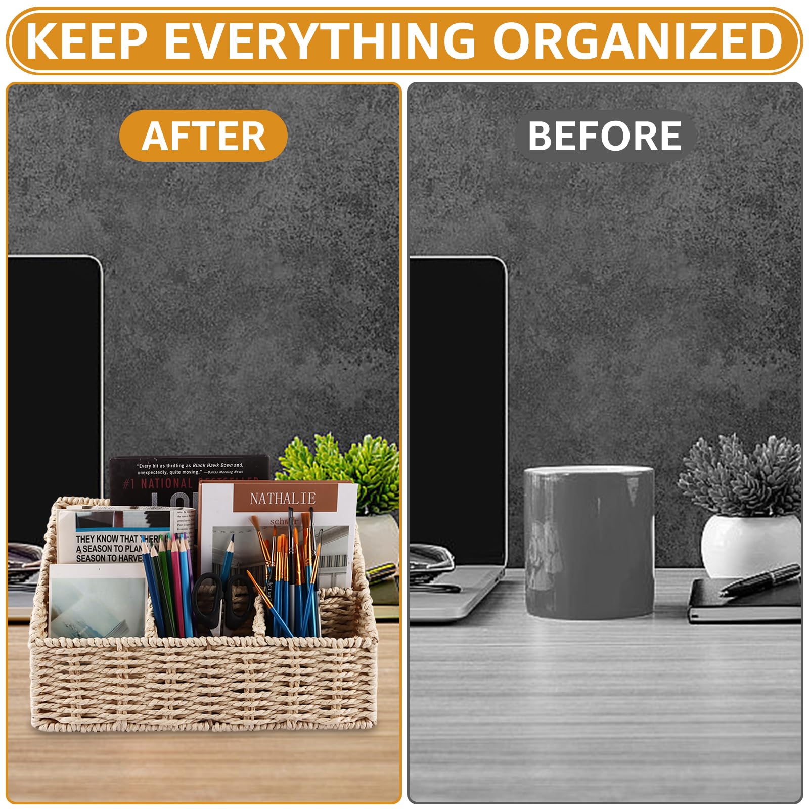 DAJAVE Lot de 2 organisateurs de bureau tissés naturels pour stylos et notes, 31,5 x 15,5 x 20 cm, organisateurs de bureau