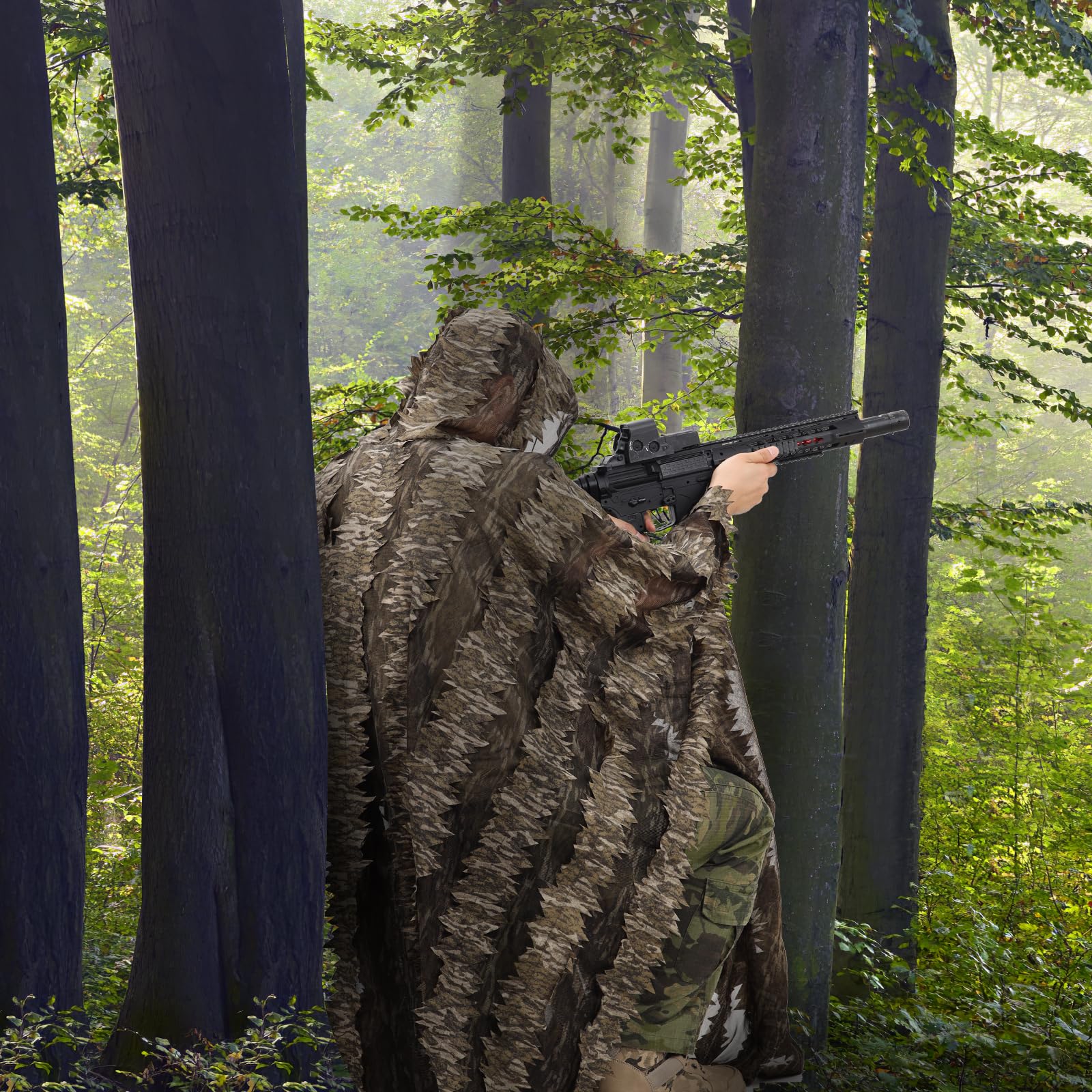 AnExer Ghillie-Umhang – Tarnponcho Mit Kapuze, 140x120 Cm, 3D-Blatt-Design, Leicht, Atmungsaktiv, Für Jagd, Tierfotografie, Militär & Outdoor – Mit Aufbewahrungstasche