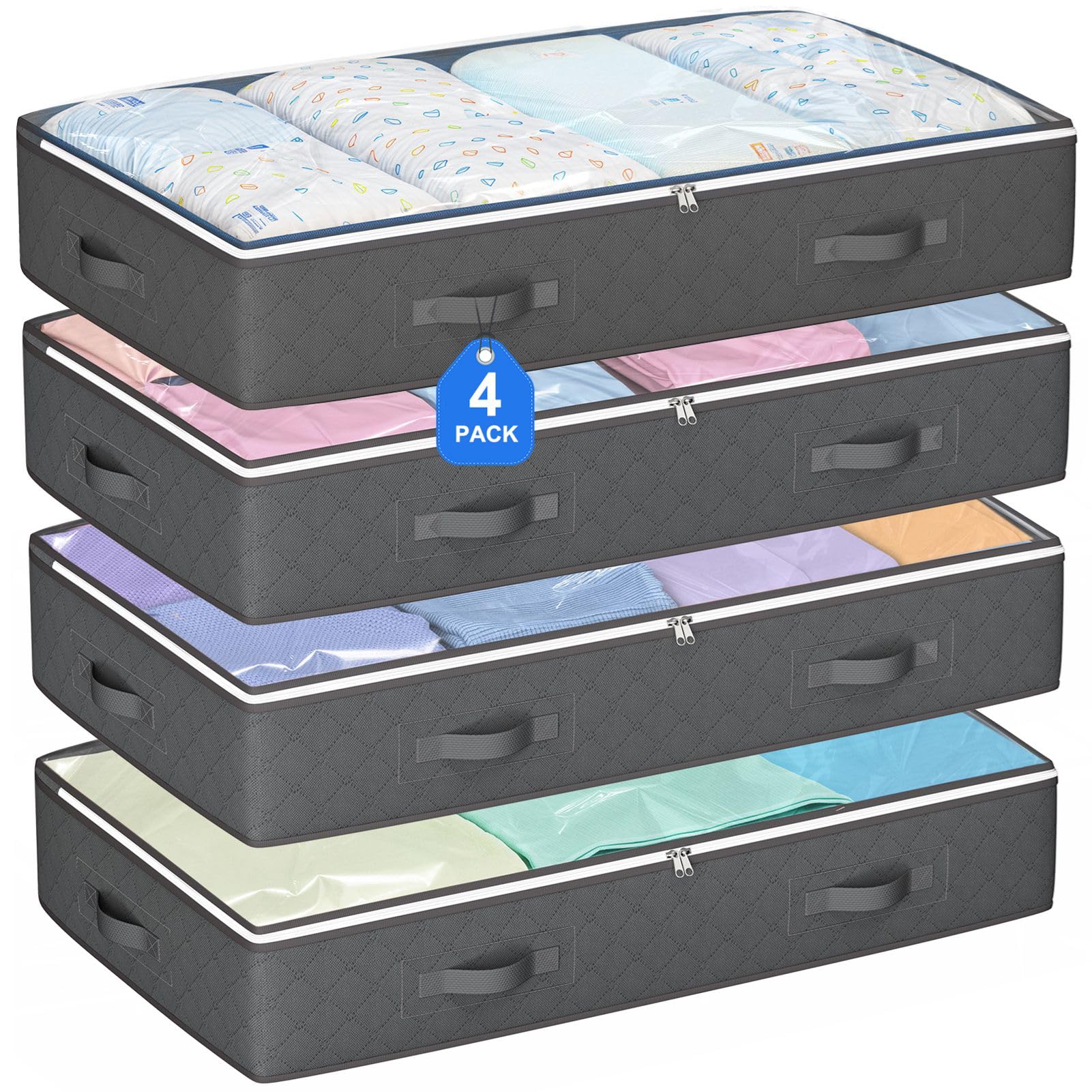 8er-Pack Unterbett-Aufbewahrungstaschen, 90 l, Stoff, großer faltbarer Kleider-Organizer mit klarem Fenster und verstärkten Griffen für Decken, Bettwäsche, Kissen, Plüschtiere und