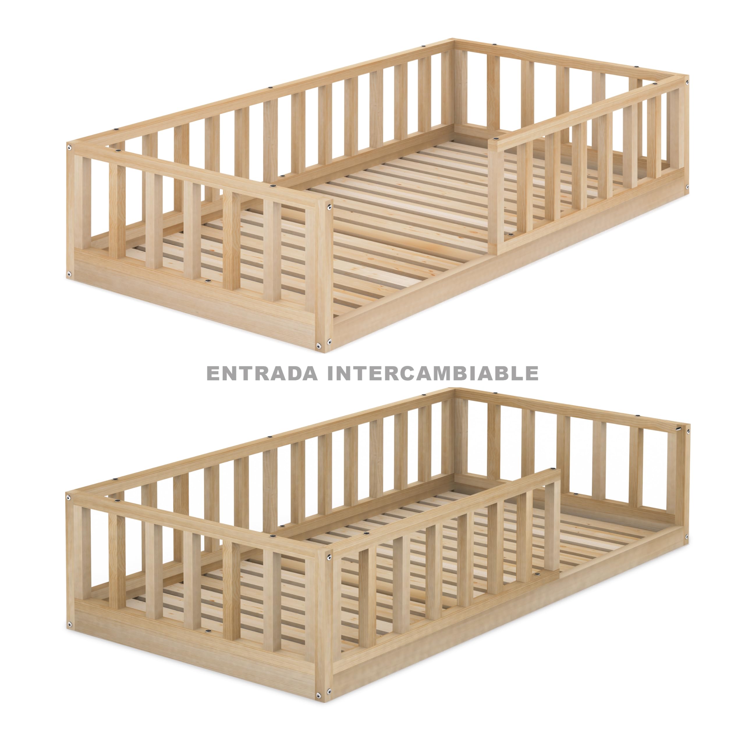 Cama Infantil Tipo Montessori Nube, con somier y Barrera barandilla, en Madera Natural para niño y niña, 90x190 cm