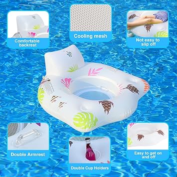 Inflatable Bed Pool Float 2 Cup Holder Lounger Float | LED Lake Floats & Pool Toys, Pool Lounger Float with Backrest Support, Inflatable Raft for Summer for Pool