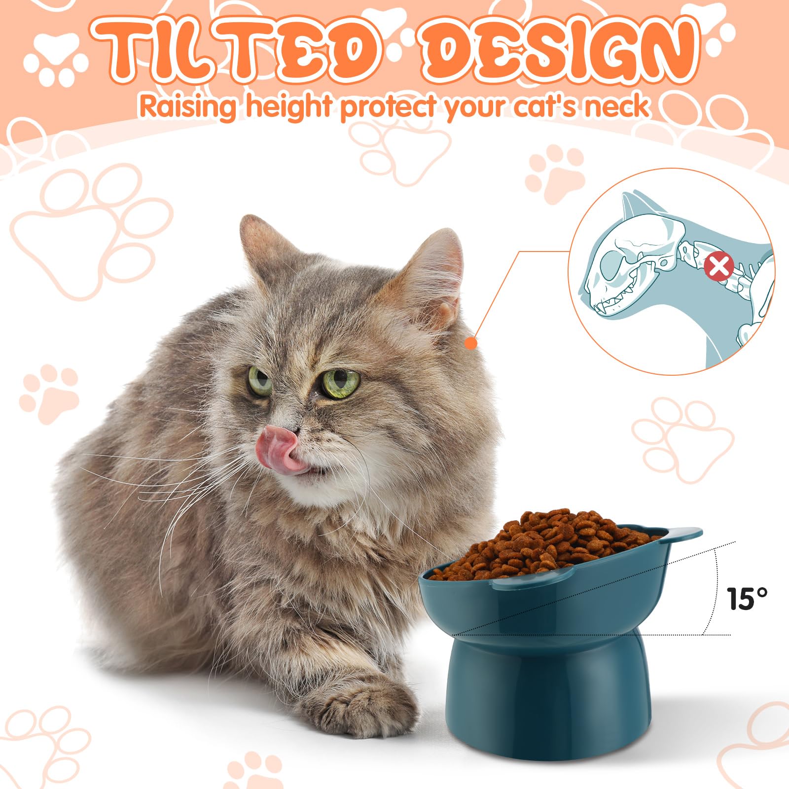 Hsei Lot de 6 gamelles surélevées pour chat - 15 degrés - Anti-vomissements - Inclinables - En plastique - Avec support incliné - Couleur mignonne