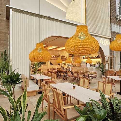 Miniatura 4 de WalmHomie 1 paquete de lámpara colgante de bambú hecha a mano con tejido de bambú natural para sala de estar, dormitorio, pasillo, granja