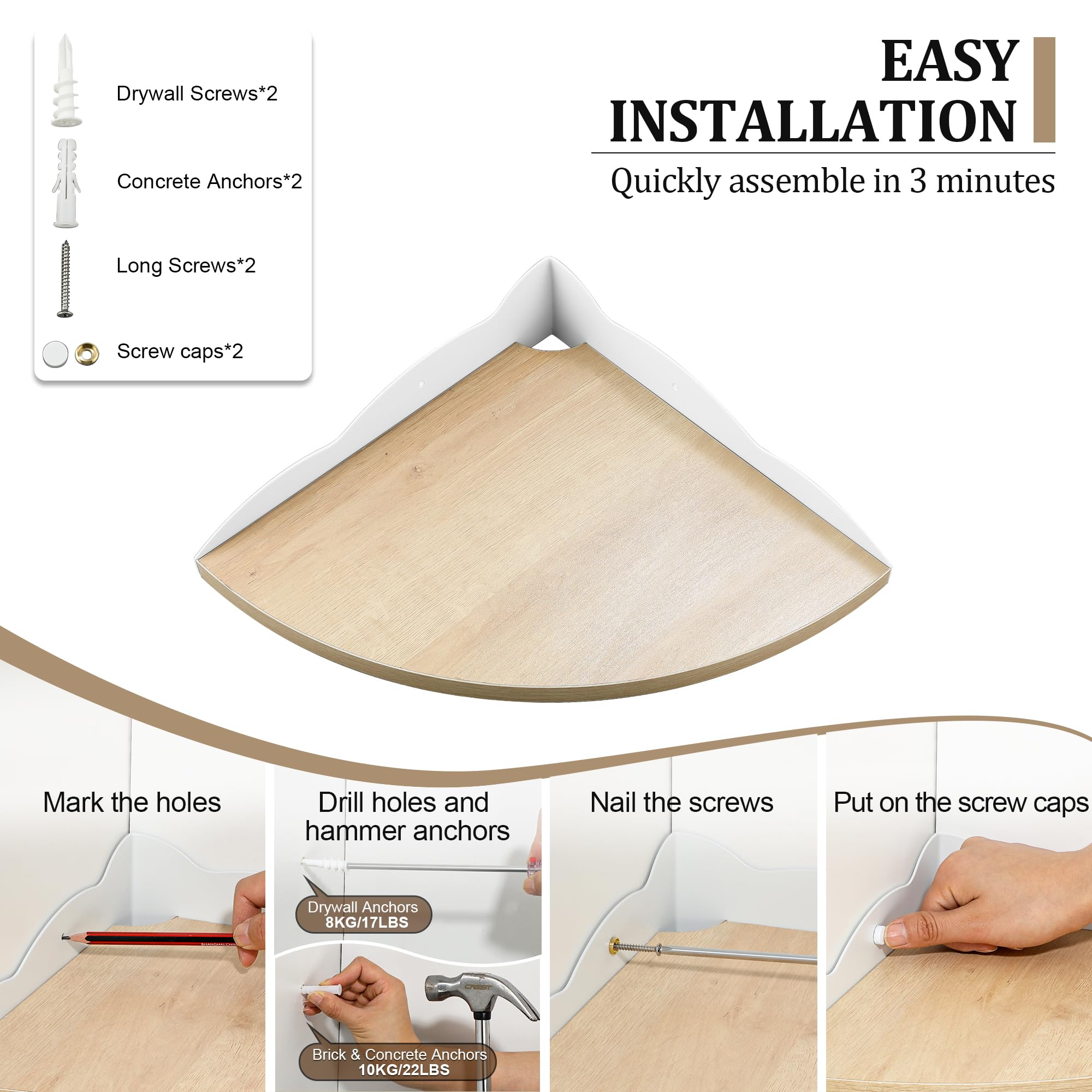SAYAYO Estanteria Pared de 90° Juego de 3, Estante Esquinero de Madera, Radio de 27 CM Estante de Pared, Estantes Flotantes para Baño, Sala de Estar, Cocina