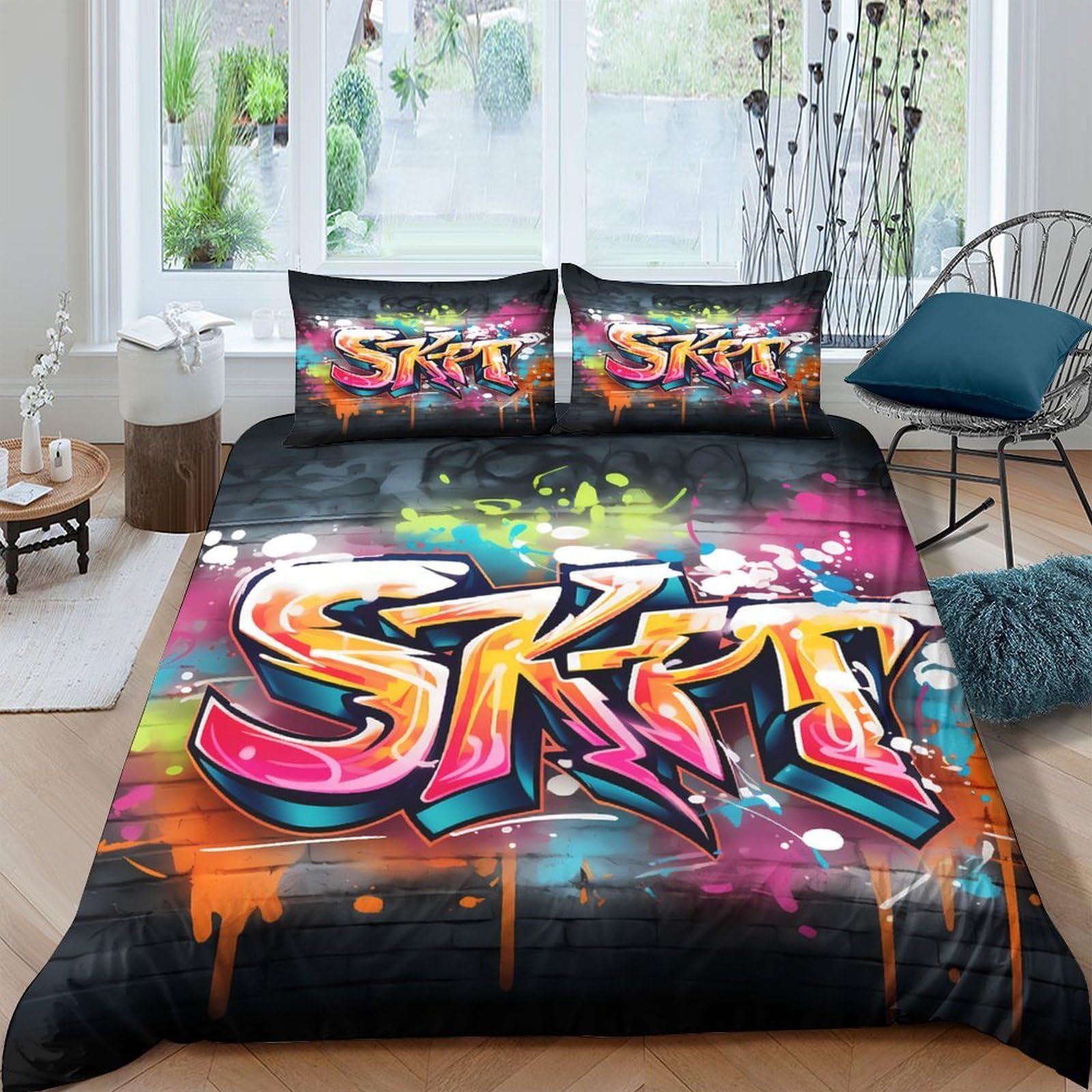 3D Printed Graffiti Street Art Duvet Cover Microfiber Colourful Urban Bedding Set with 2 Pillowcases for Bedroom Decor Single（135x200cm）