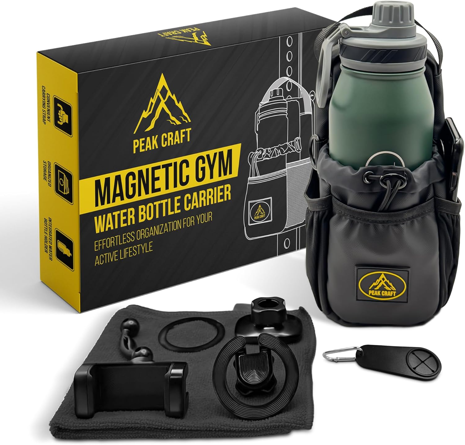 Magnetic Gym Bag & Bottle Holder with Magnet or Phone Clip, Towel & Storage – Strong Magnet Organizer for Gym Racks, Fitness Equipment, Workouts, and Multi-Compartment Accessory Holder