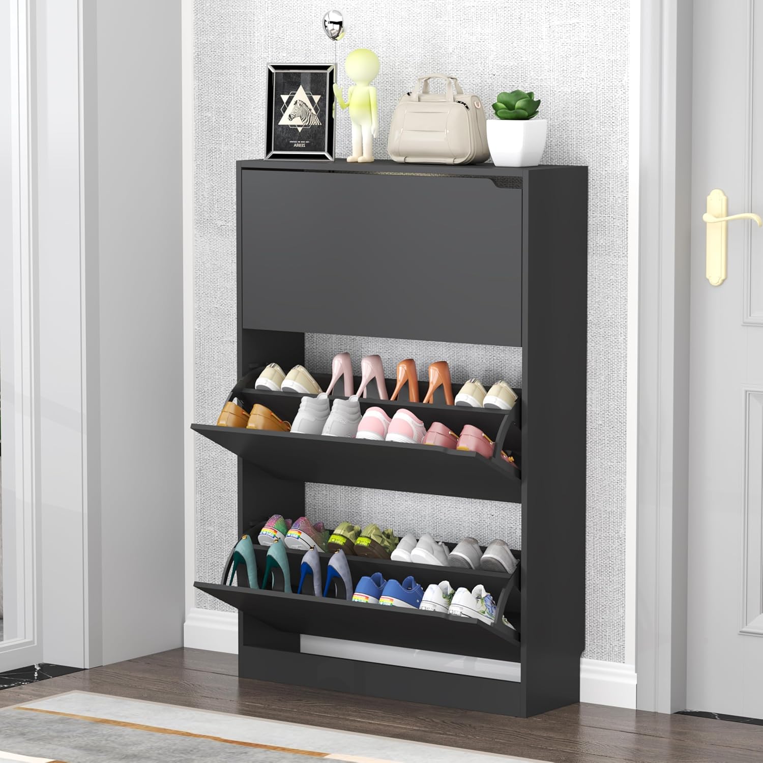 Shoe Storage Cabinet with 3 Flip Drawers, Slim Hidden Wood Shoe Cabinet Storage for Entryway, Freestanding Narrow Shoe Rack Organizer with Adjustable Shelves for Foyer, Hallway, Black