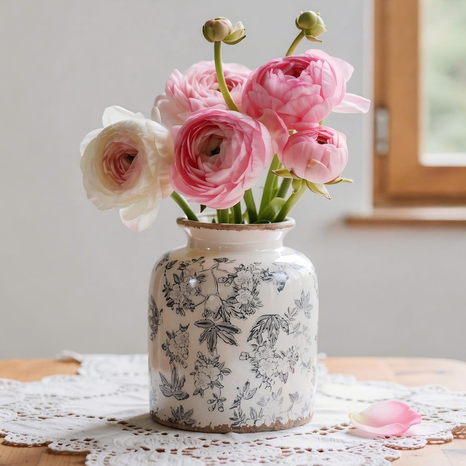 Ronasip Gray Peach Blossom Chinoiserie Vase, 6.2” Crackle Glaze Ceramic Vase, Hand-Painted Vintage Floral Vase with Distressed Rim, Antique Style Decor for Bookshelf, Tabletop (Gray, 6.2”)