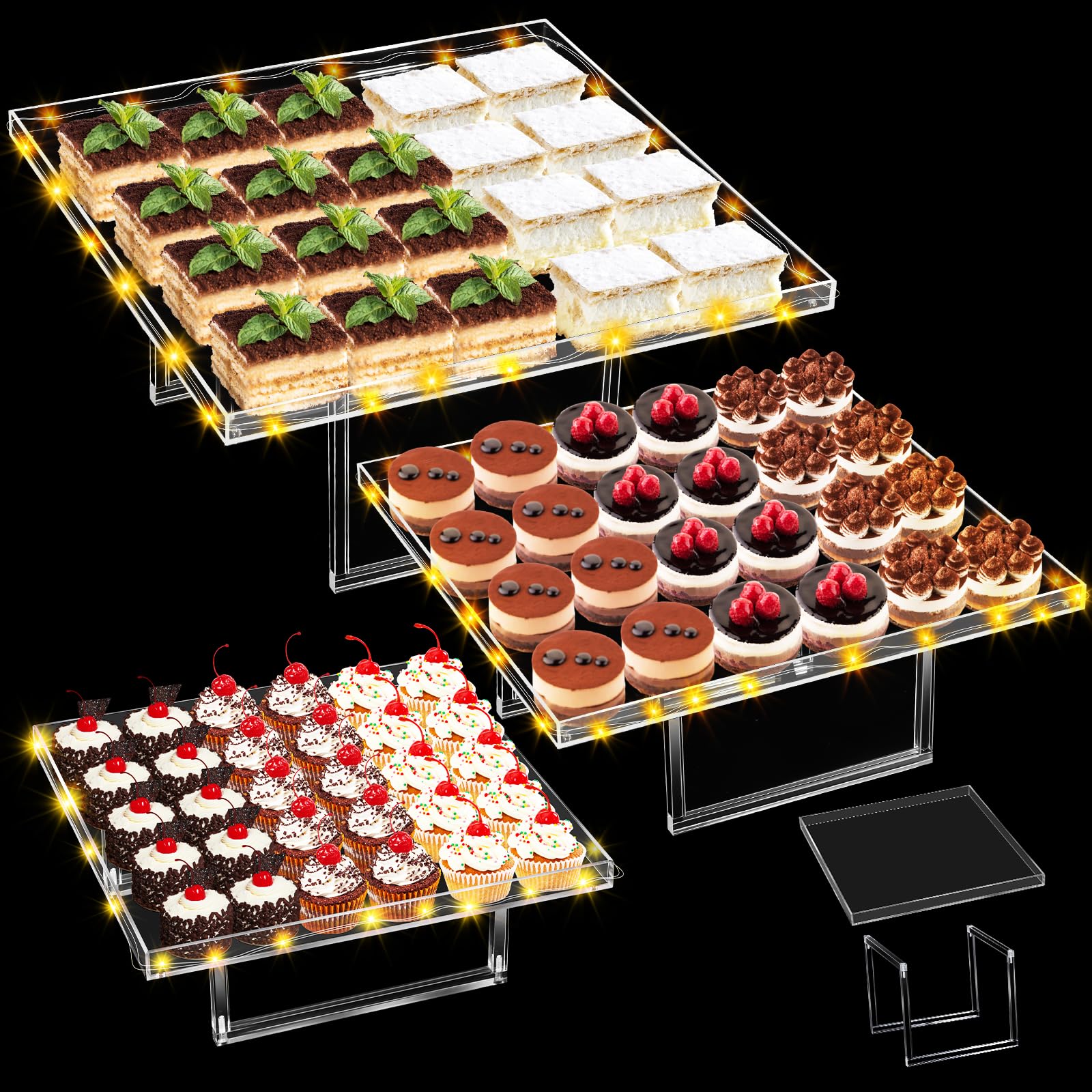 Mifoci 3 Pcs Dessert Stand with Removable Bottom LED Light Cupcake Stand Clear Acrylic Dessert Table Display Set Buffet Food Riser Serving Tray for Wedding Birthday Party (Square,15.7",15.1",11.8")