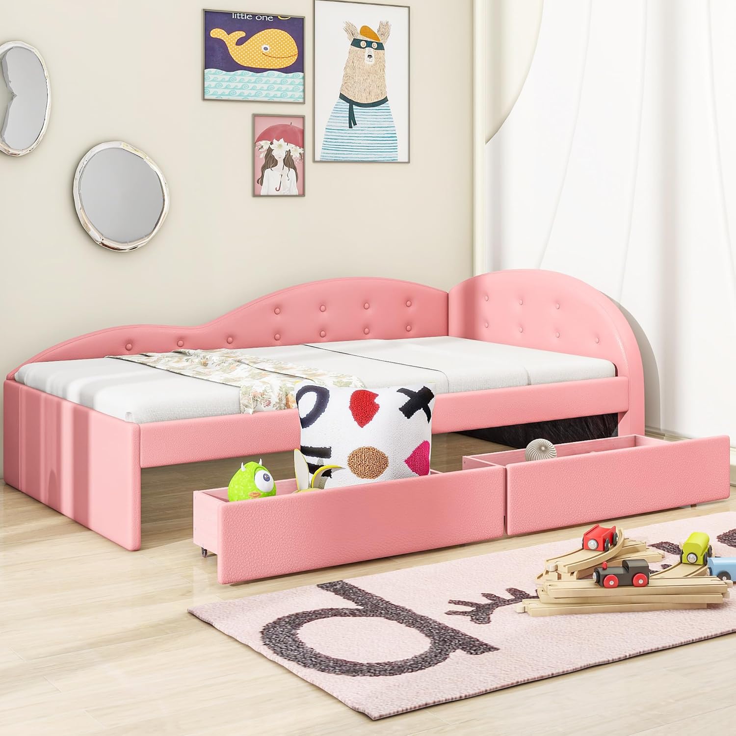 Twin Size Daybed with Storage Drawers, Faux Leather