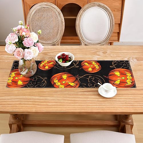 Miniatura 4 de Camino de mesa de Feliz Halloween, camino rectangular negro y naranja con calabaza malvada para decoración de mesa de comedor o decoración de fiesta