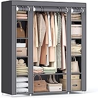 SONGMICS Portable Closet Wardrobe ULSF03G, 59x17.7x69 Inch Gray Fabric Organizer with Hanging Rail, 12 Shelves for Bedroom Clothes Storage