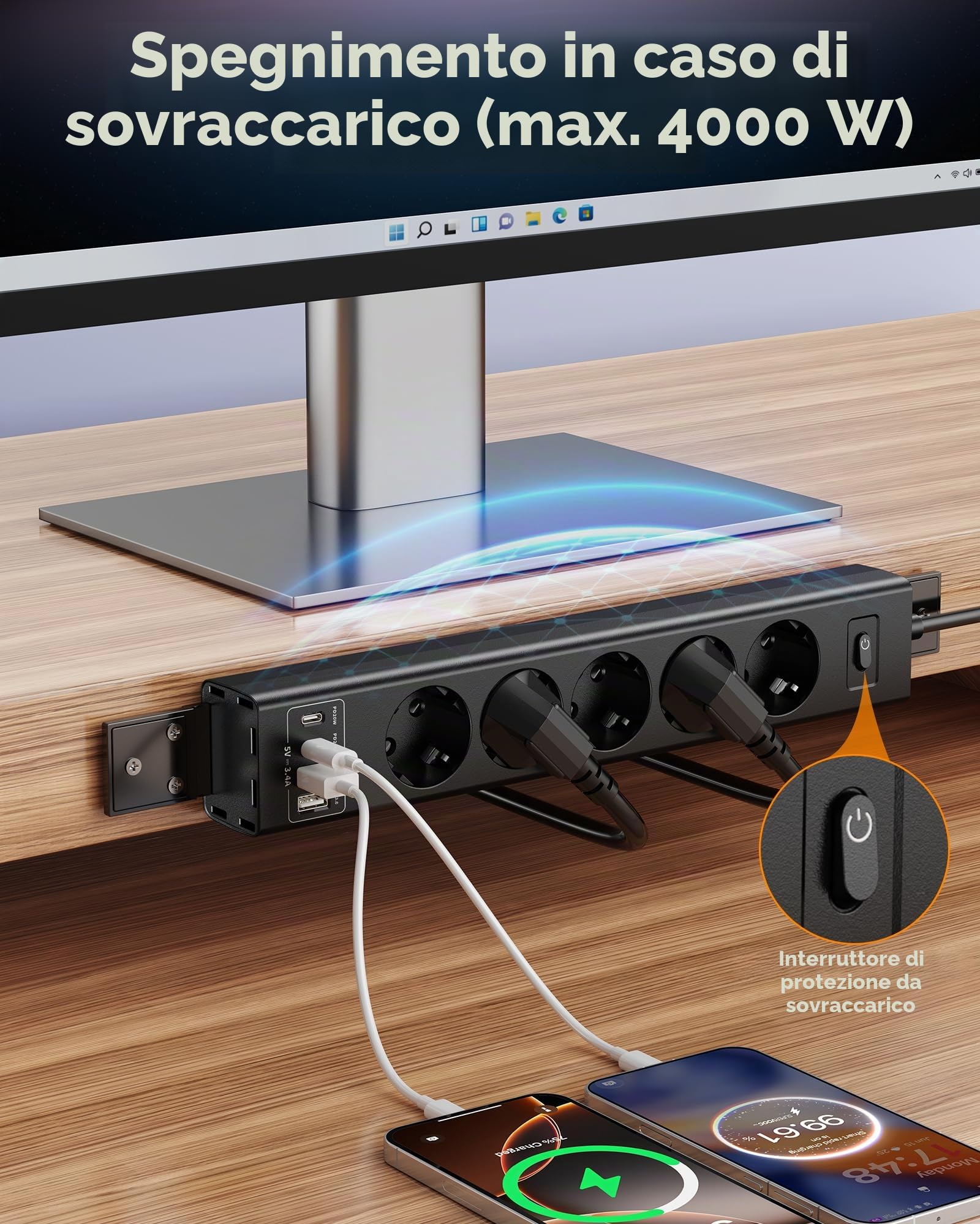 Ciabatta elettrica montabile a 360° con 4 porte USB (2 x USB-C), cavo di prolunga da 2 m, ciabatta avvitabile per parete, scrivania, angolo e montaggio sottopiano