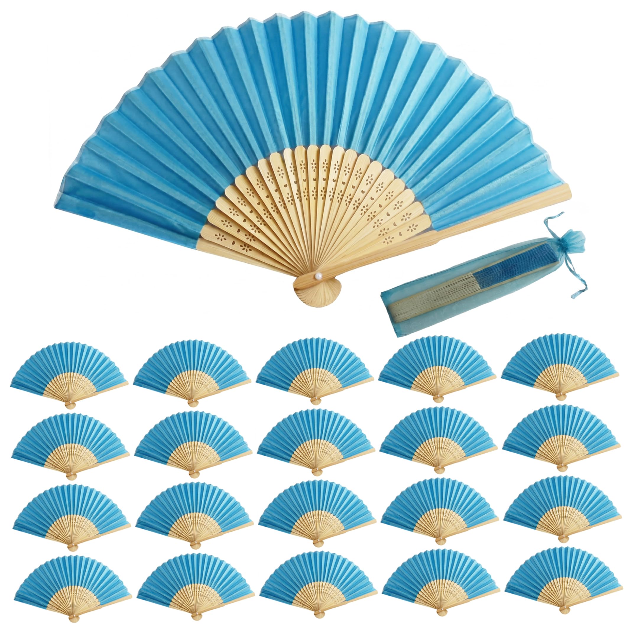 Bemonew Folding Fans Handheld 20 Pack Fans Bulk, Elegant Wedding for Guests Handheld Foldable Silk-Like with Bamboo Handles & Storage Bag for Wedding, Lake Blue