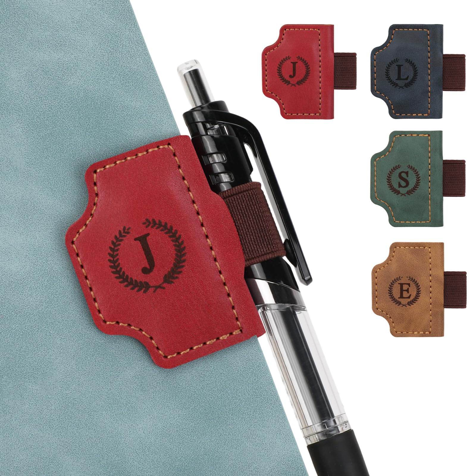 Personalized Magnetic Leather Bookmark with Pen Holder, Retro Style Initial Letter Book Mark Page Clip for Women Men, Ideal Gift for Book Lovers & Readers(Red, J)