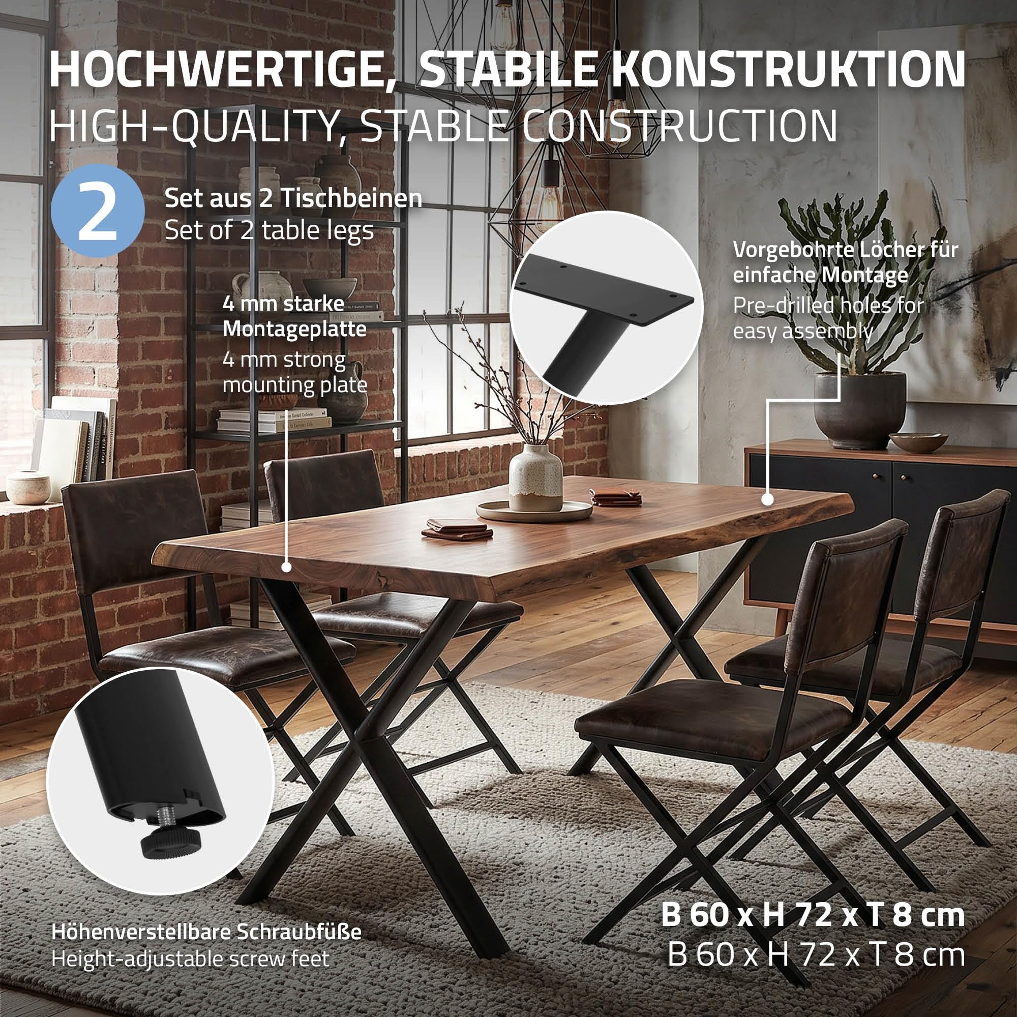 ML-Design Tischbeine Metall Schwarz 2er Set, Tischgestell Outdoor wetterfest, Tischfüße X-Form, Tischkufen aus Stahl, Schreibtischbeine Untergestell Möbelfüße für Esstisch Schreibtisch, 60x72 cm, Oval