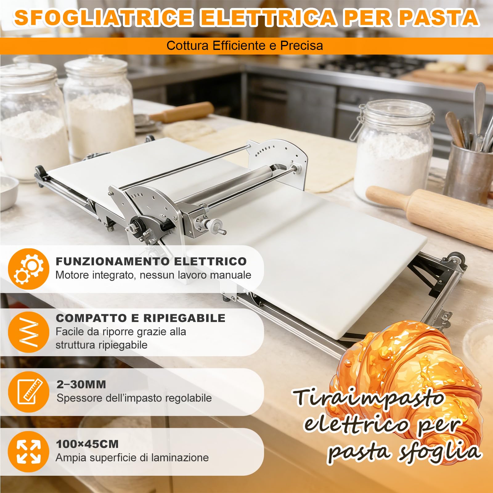 Sfogliatrice Elettrica Per Pasta, Sfogliatrice Pieghevole Per Panetteria/Pizza/Croissant/Pasta Fondente, Acciaio Inossidabile+Spessore Regolabile 2-30 Mm+Impasto Reversibile,40×17.7in Tavola