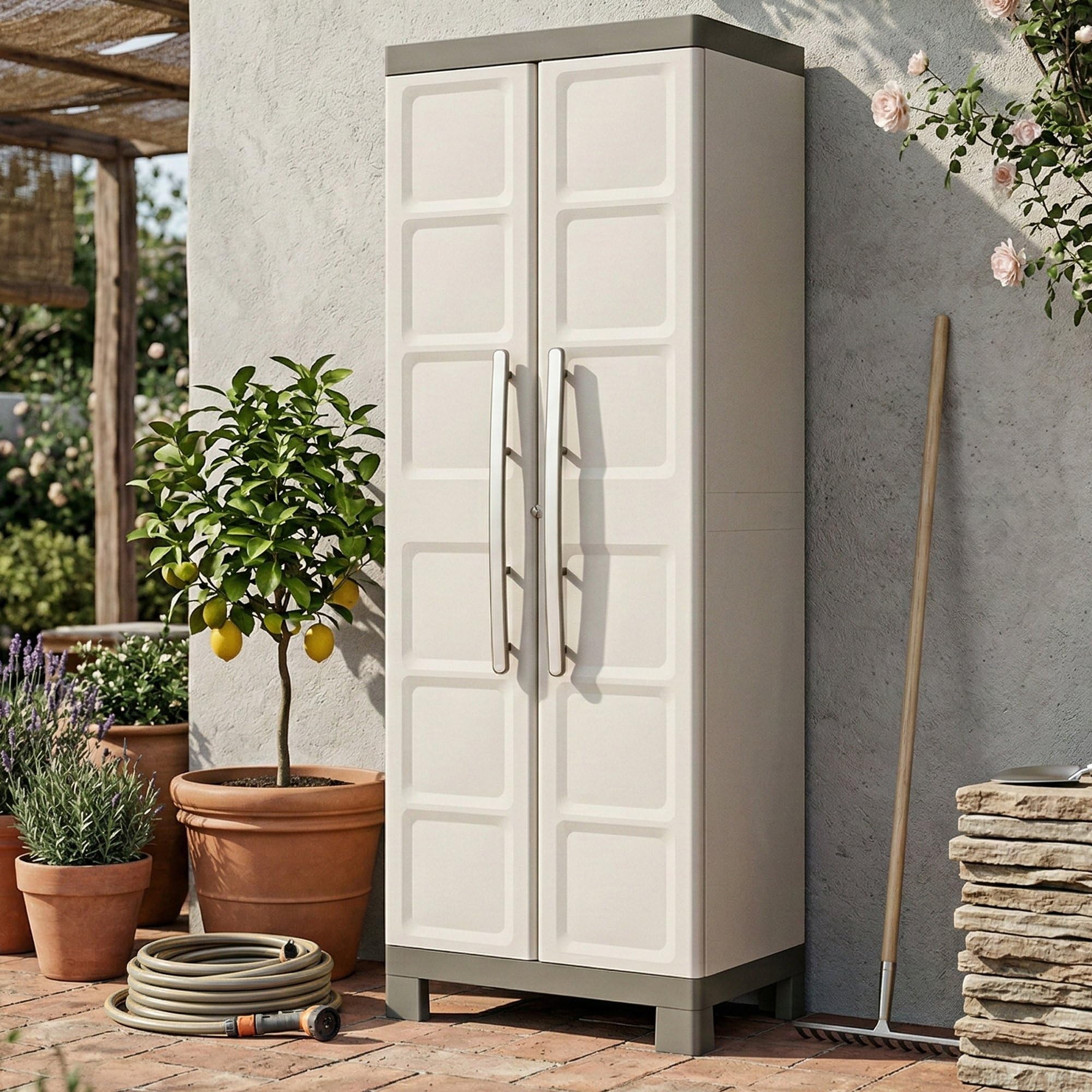 Dmora Armadio da Esterno Ghedi 45x65x182h cm Marrone Sabbia 4 Ripiani Impermeabile, Mobile da Giardino 2 Ante Made in Italy
