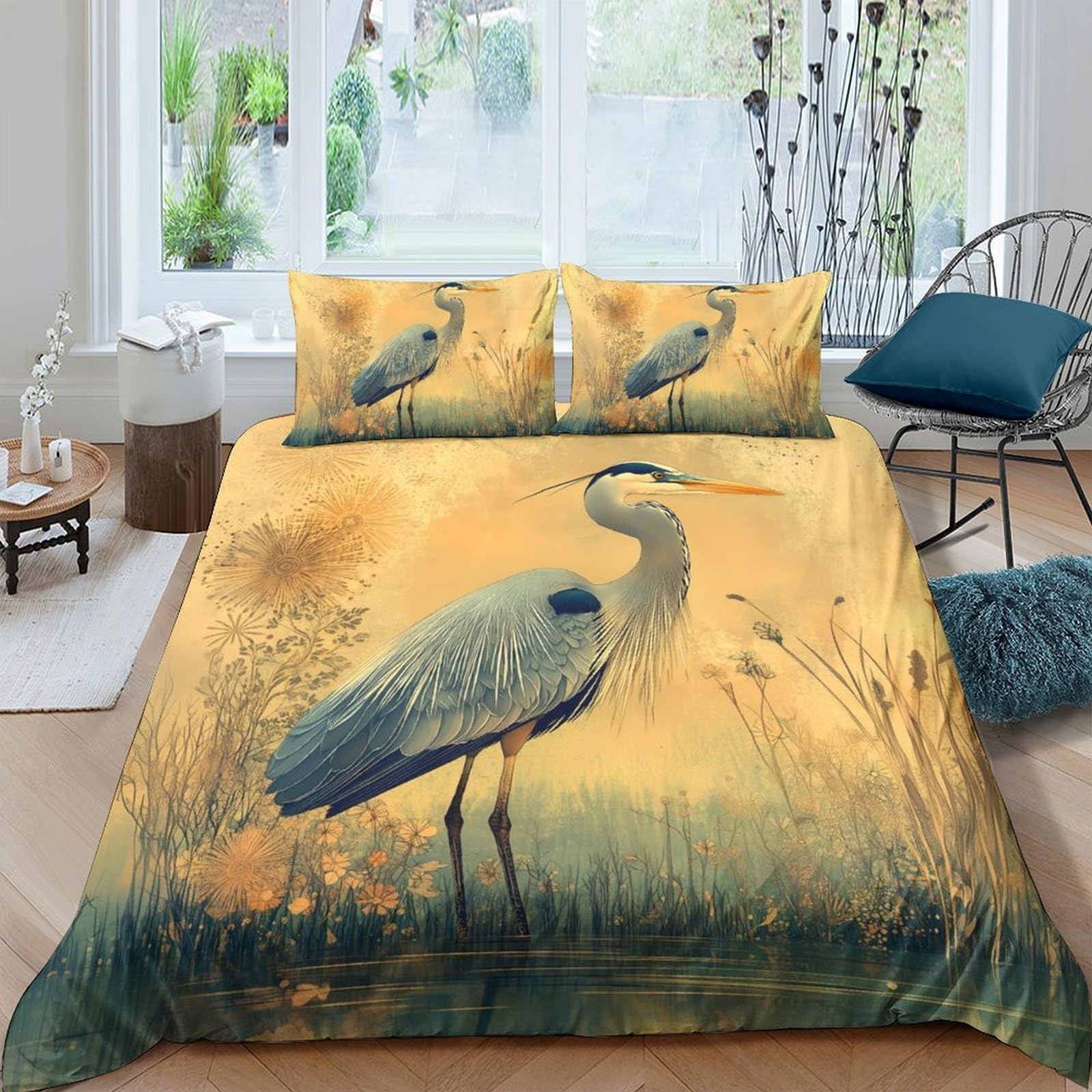 Ctjqhvkz Style-10 3D Printed Heron Wetland Fitted Sheet Microfiber Soft Breathable Grassland Bed Cover For Bedroom Dorm Decor Single（135X200cm）