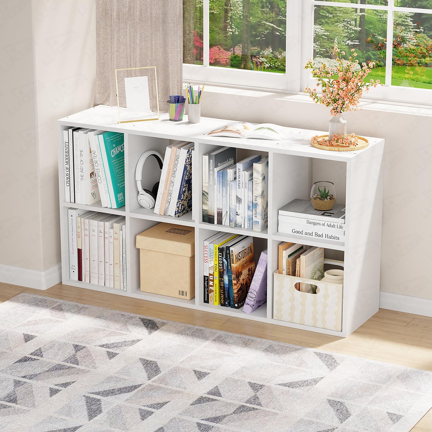 Lukzer 8-Shelf Engineered Wood Bookshelf Storage Organizer | Open Cube Cabinet for Living Room, Kitchen, Office, Home Use | White Finish | MR-009, 110x60x28cm | DIY Assembly with Detachable Components