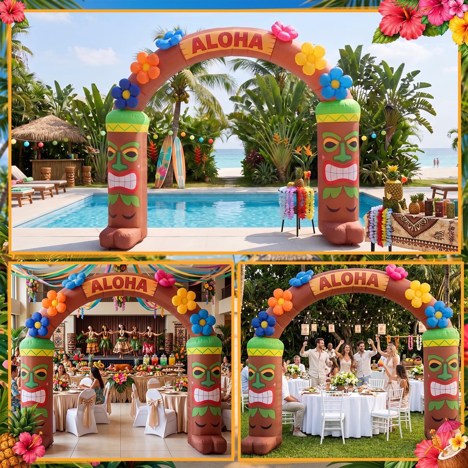 Arco gonfiabile Luau hawaiano da 3 m, decorazione estiva illuminata a LED, decorazione estiva Aloha Tiki per feste, per l'estate, tropicale, spiaggia, piscina, interni ed esterni, prato