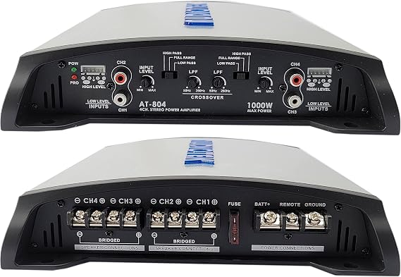 Audiotek AT804 4 Channel Stereo Car Amplifier - 1000 Watts, 2 Ohm Stable, LED Indicator, Full Range, Class AB, MOSFET Power Supply, Great for Speakers