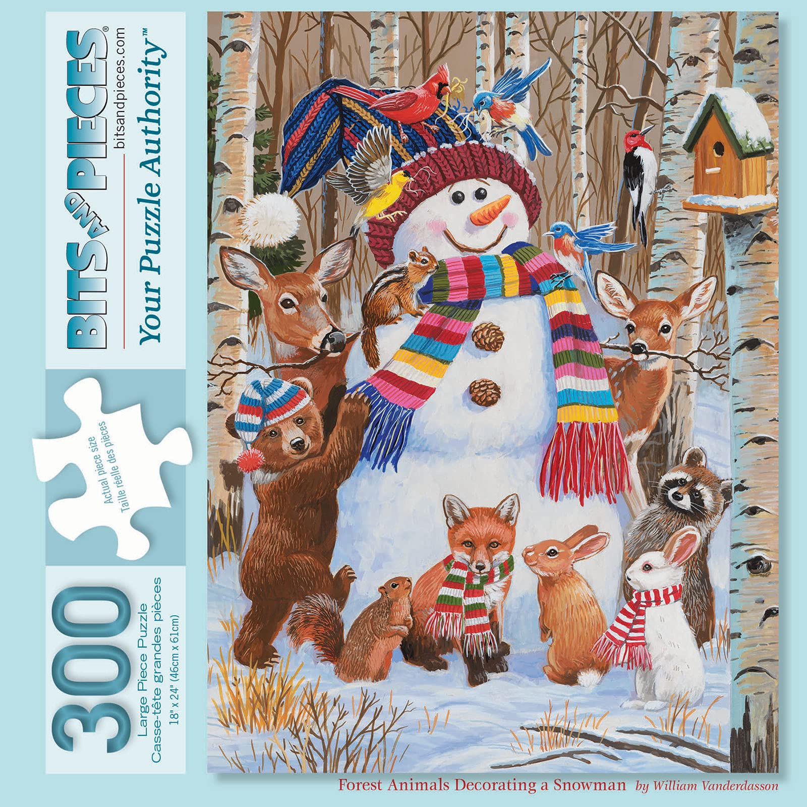 Bits and Pieces – 300 Piece Jigsaw Puzzle for Adults – Forest Animals Decorating A Snowman - Winter Snow Holiday Woods Scarf Bird House Jigsaw Puzzle