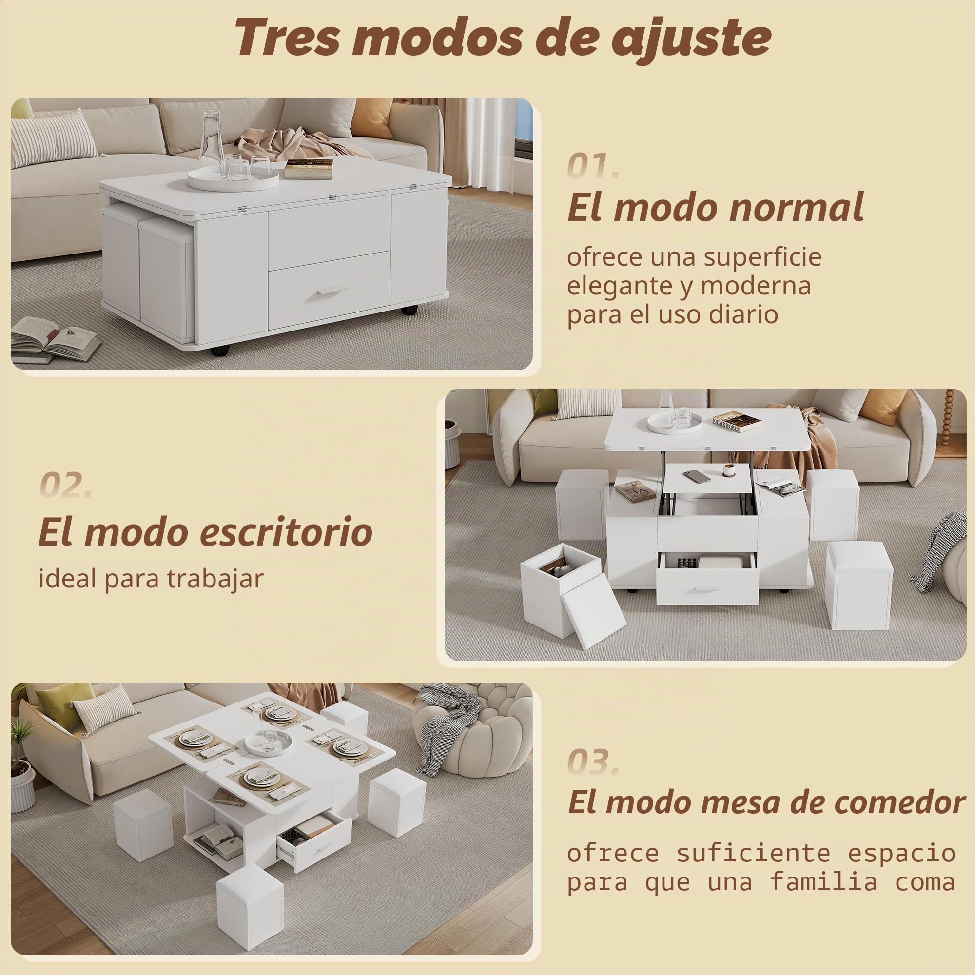 Mesa de centro regulable en altura, mesa de sofá portátil, 4 en 1, convertible en mesa de comedor, mesa con cajones, con 4 taburetes, color blanco