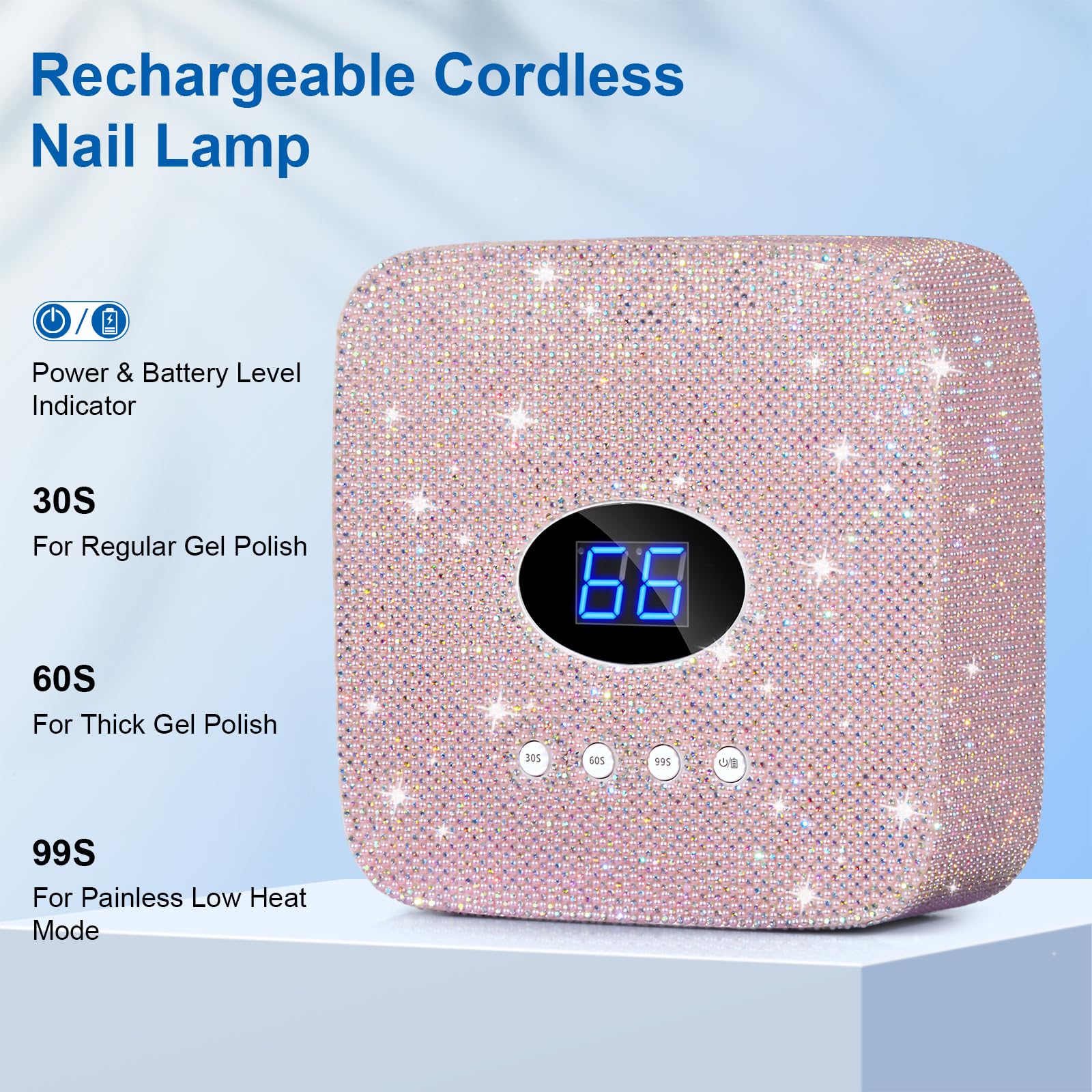 Cordless UV Nail Lamp, 54W Rechargeable UV Light for Gel Nails, LED Nail Dryer with 3 Timer Modes, Professional Quick Dry Curing Lamp for Salon & Home(Pearl Pink Diamond)