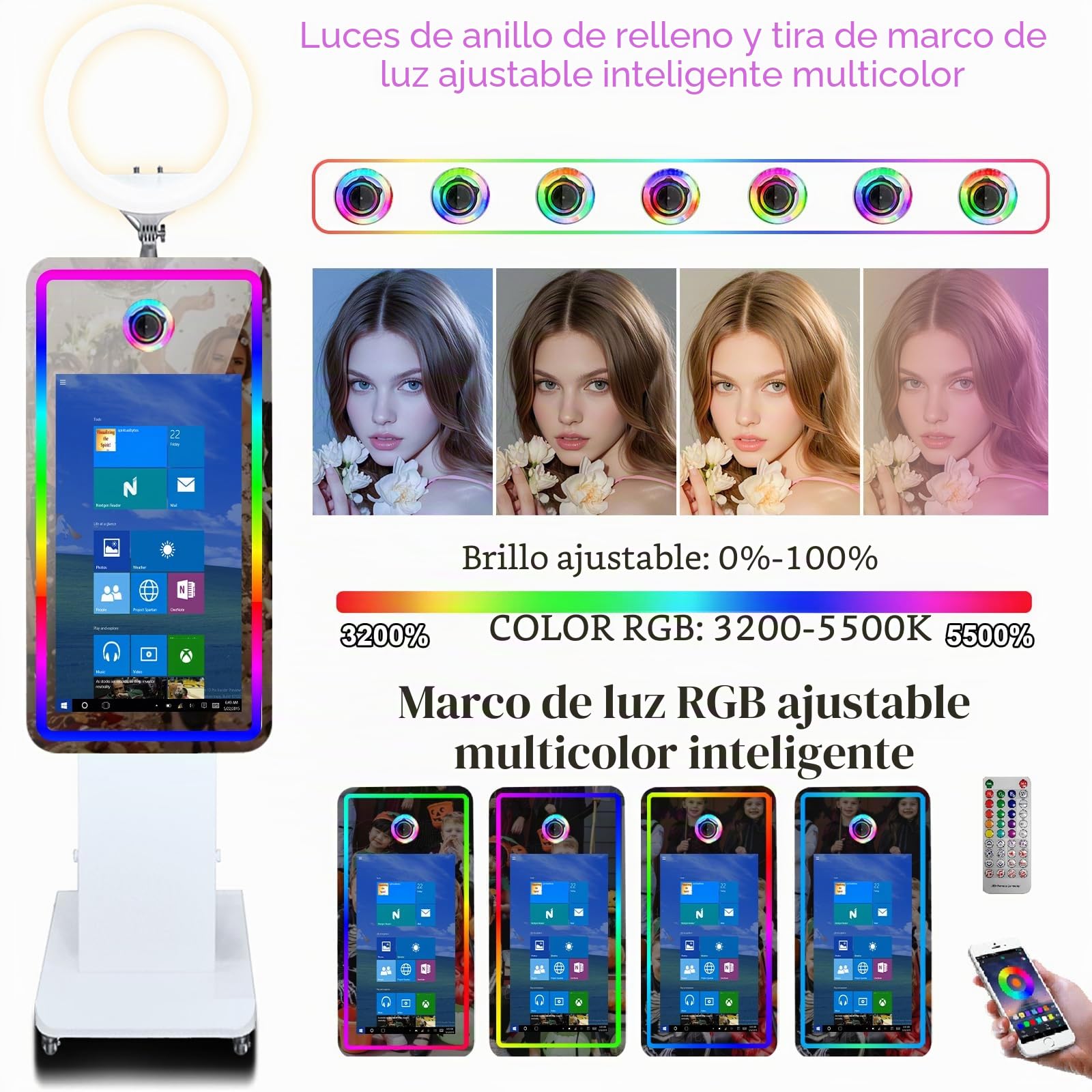 Máquina de cabina de fotos con espejo con visualización táctil interactiva de 32 pulgadas y funda de vuelo, mini computadora incorporada, espejo mágico de impresión instantánea para cumpleaños