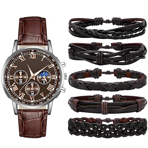NEWITIN 6 Pieces Men Watch Bracelets Set Big Face Watch Braided Leather Bracelets Waterproof Wristwatch Leather Jewelry for Men