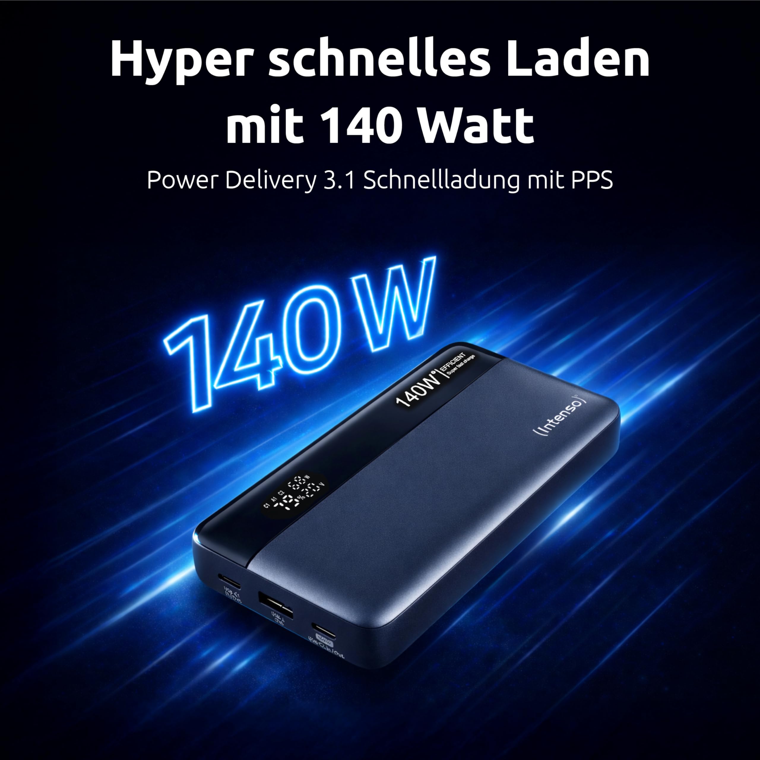 Intenso Powerbank HE25000, zewnętrzny akumulator z Power Delivery (140 W) i kablem USB-C do ładowania USB-C, 25000 mAh, szaro-czarny