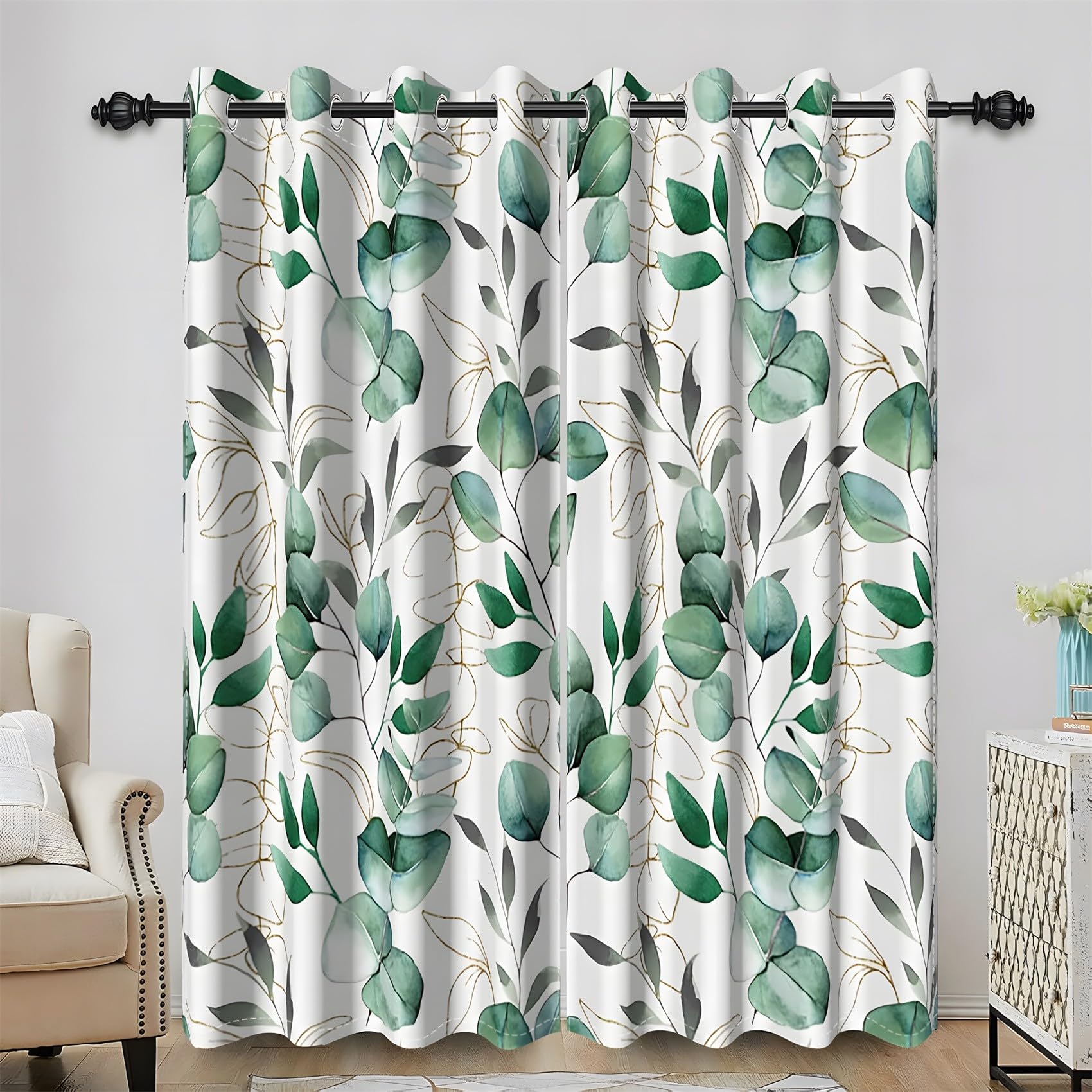 KaiHeBeding Green Leaves Blackout Curtains for Bedroom - Eucalyptus Leaves Living Room Curtains 90x90 Eyelet - Soft Thermal Insulated Patterned Drapes for Windows - 2 Panels