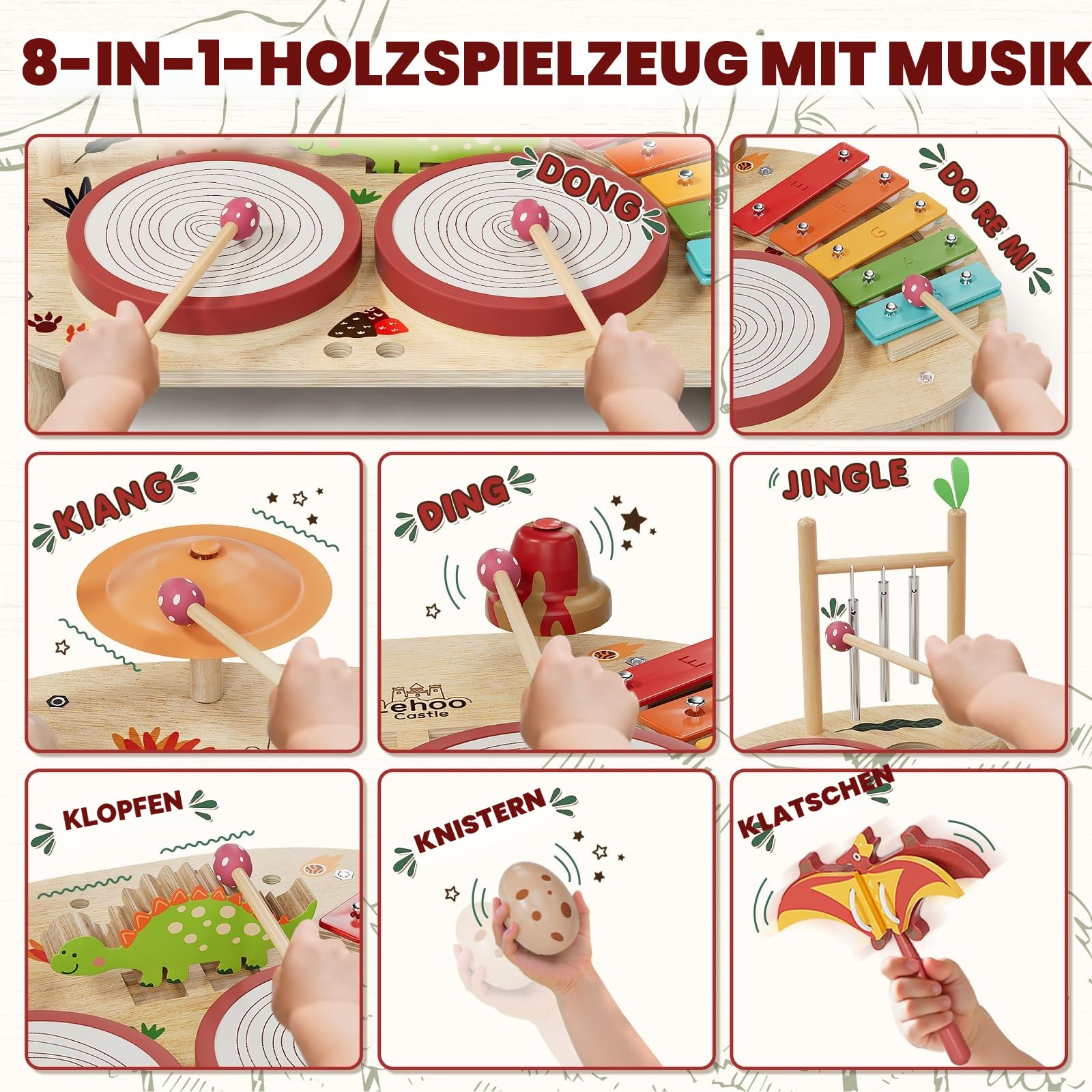 Lehoo Castle 8-in-1 Schlagzeug & Xylophon Tisch aus Holz, Musikinstrumente für Kinder ab 1 Jahr, Dinosaurier Musikspielzeug, Montessori Lernspielzeug