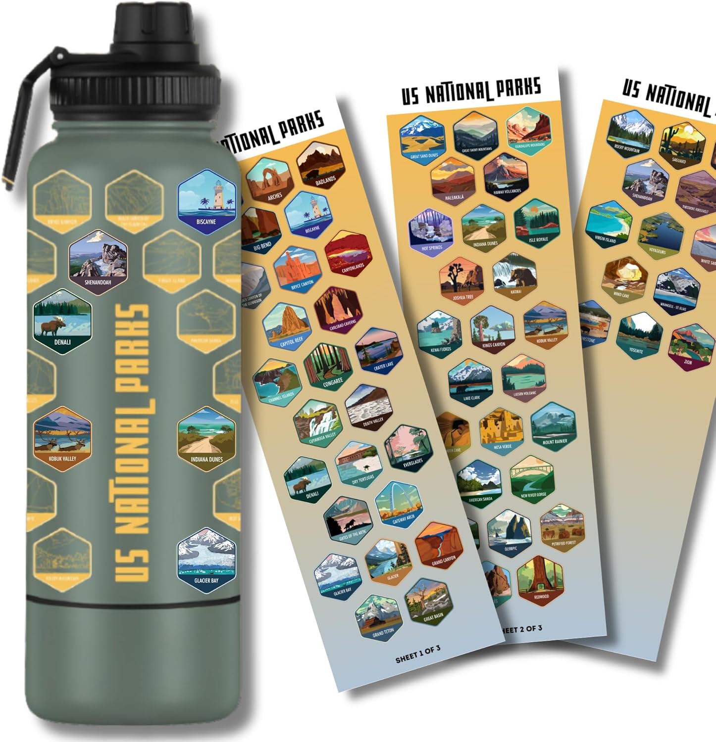 National Parks Stainless Steel Water Bottle with Secret Compartment – Includes All Park Stickers to Track Your Visits (Green)