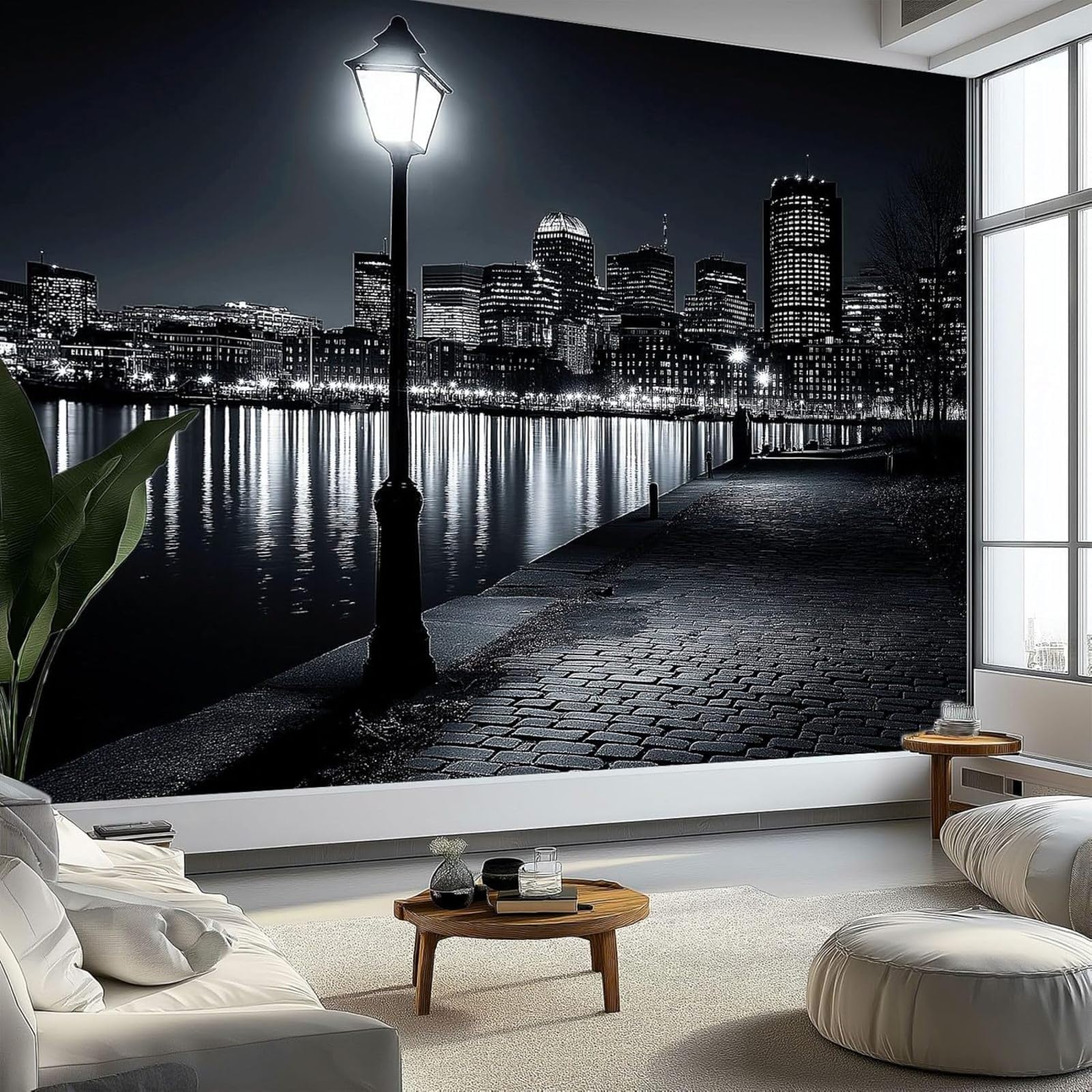 kfjhgbdshhj Boston Skyline Wallpaper at Night, Photo Wallpaper, Wall Decor, Study, Living Room, Restaurant, Cafe, Grey-Black, 200cm x 140cm